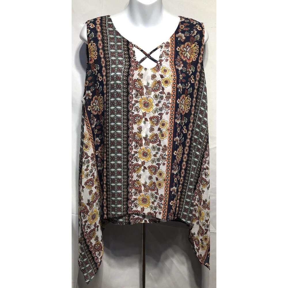 Cato Chiffon Sleeveless Hi Lo Top XL Blue/orange Geo Floral Layered Hippie Boho